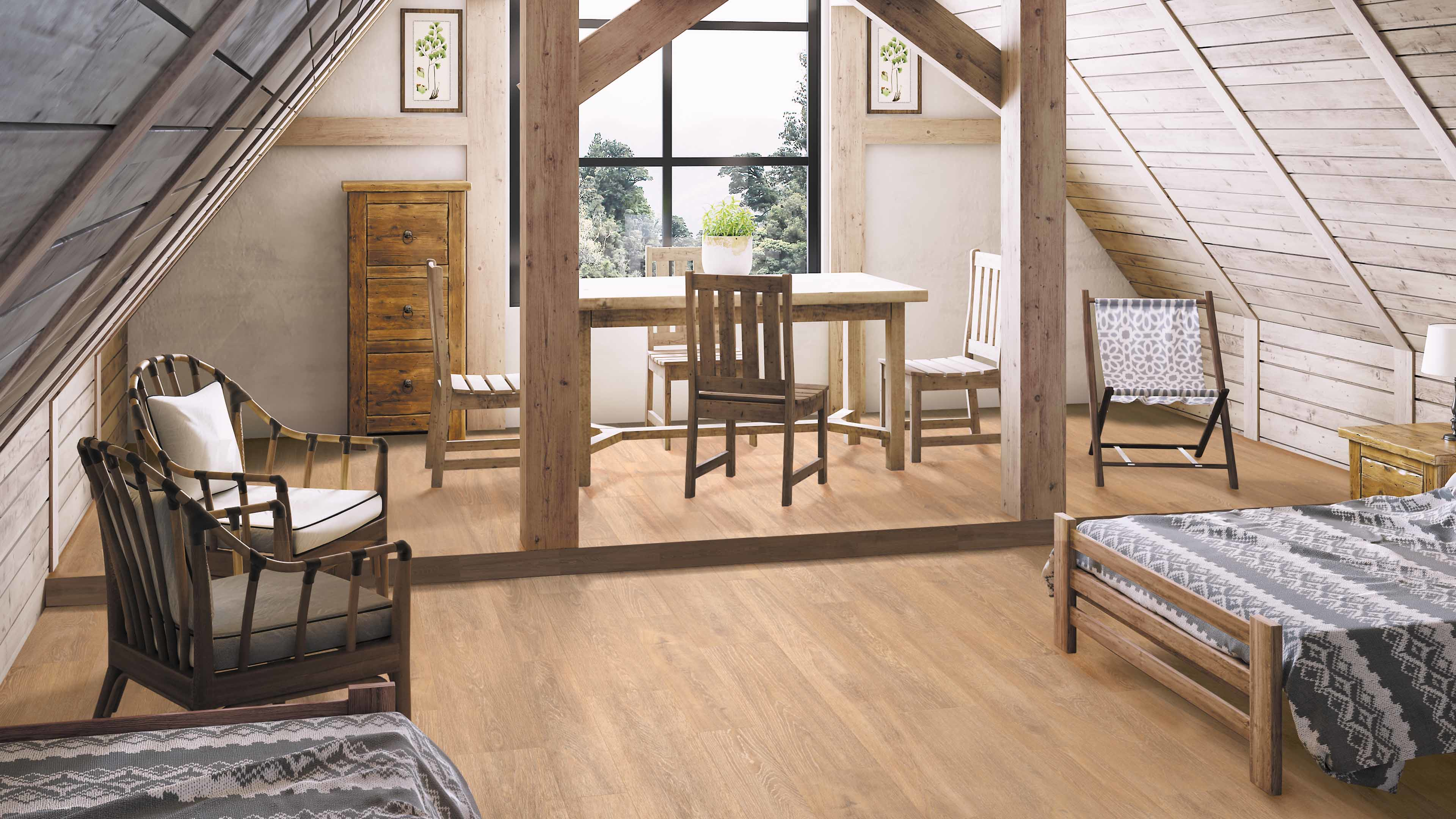 Tanzania Almond vloertegel van Porcelanosa in landelijke zolderkamer met houten balken