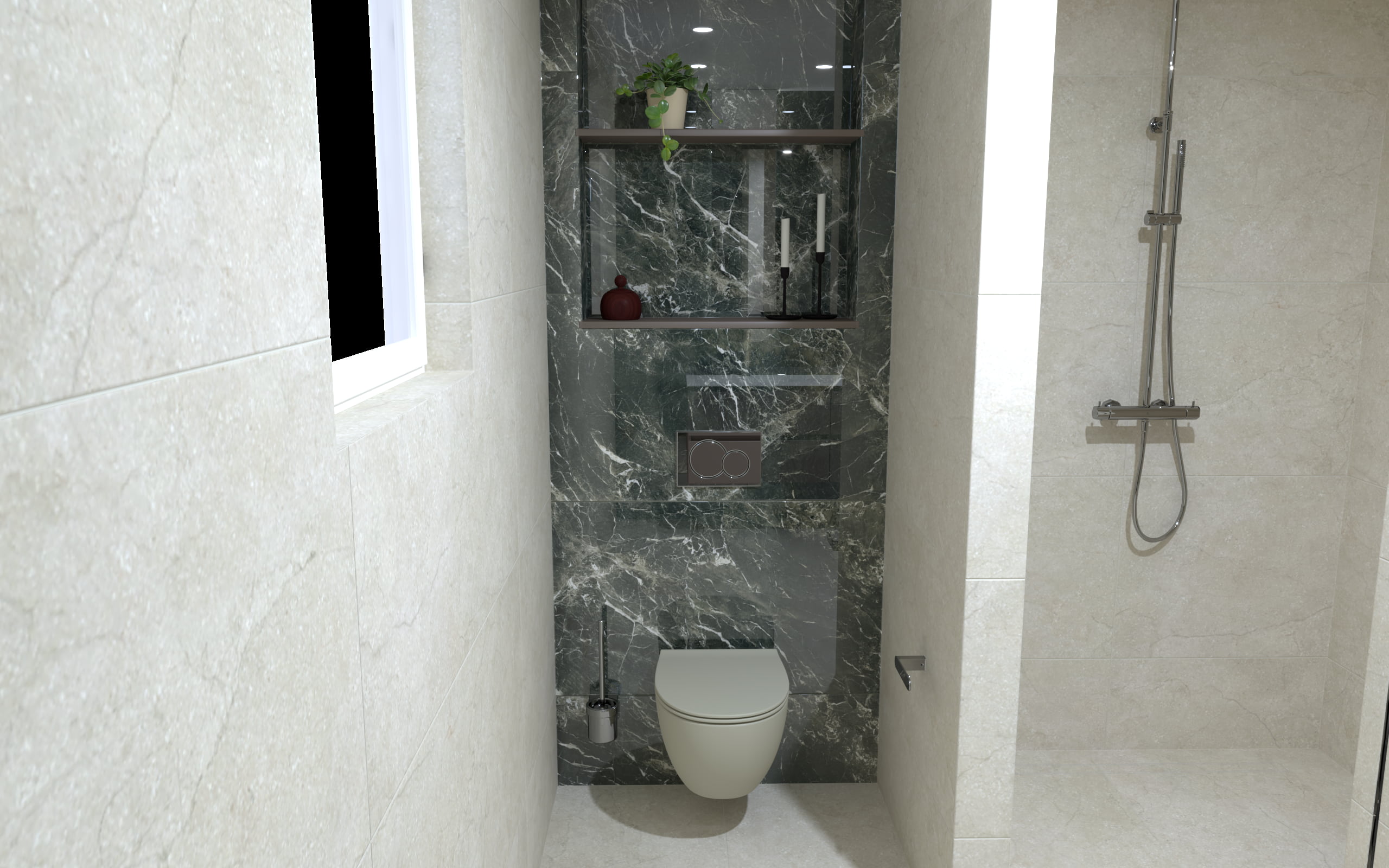 Luxe Urban Chique badkamer in Alkmaar met donker marmer, beige tegels en een taupekleurig badkamermeubel | Sanitair Design Center