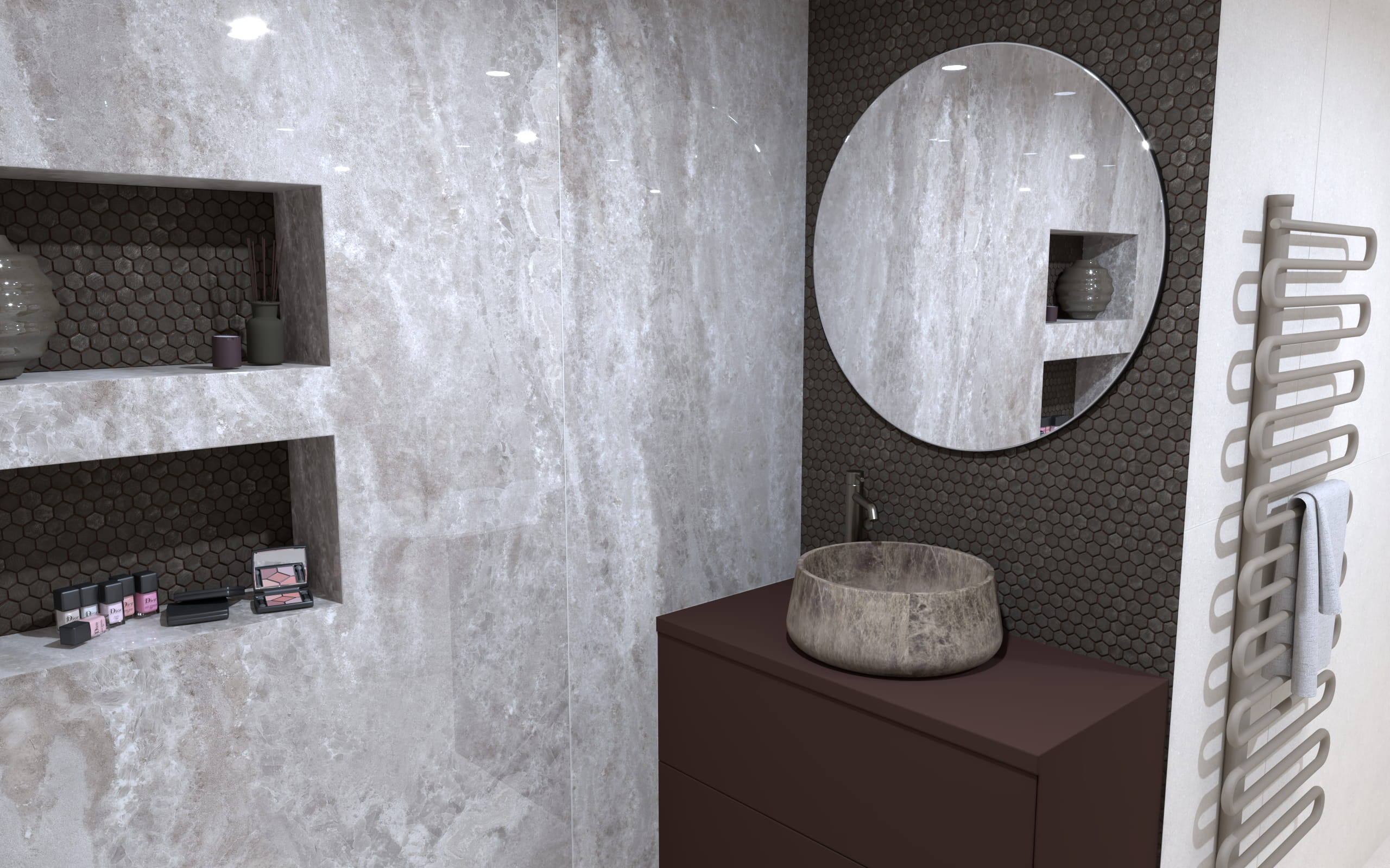 Luxe badkamer met marmerlook tegels, vrijstaand ligbad, inloopdouche en modern wastafelmeubel in warme natuurtinten.
