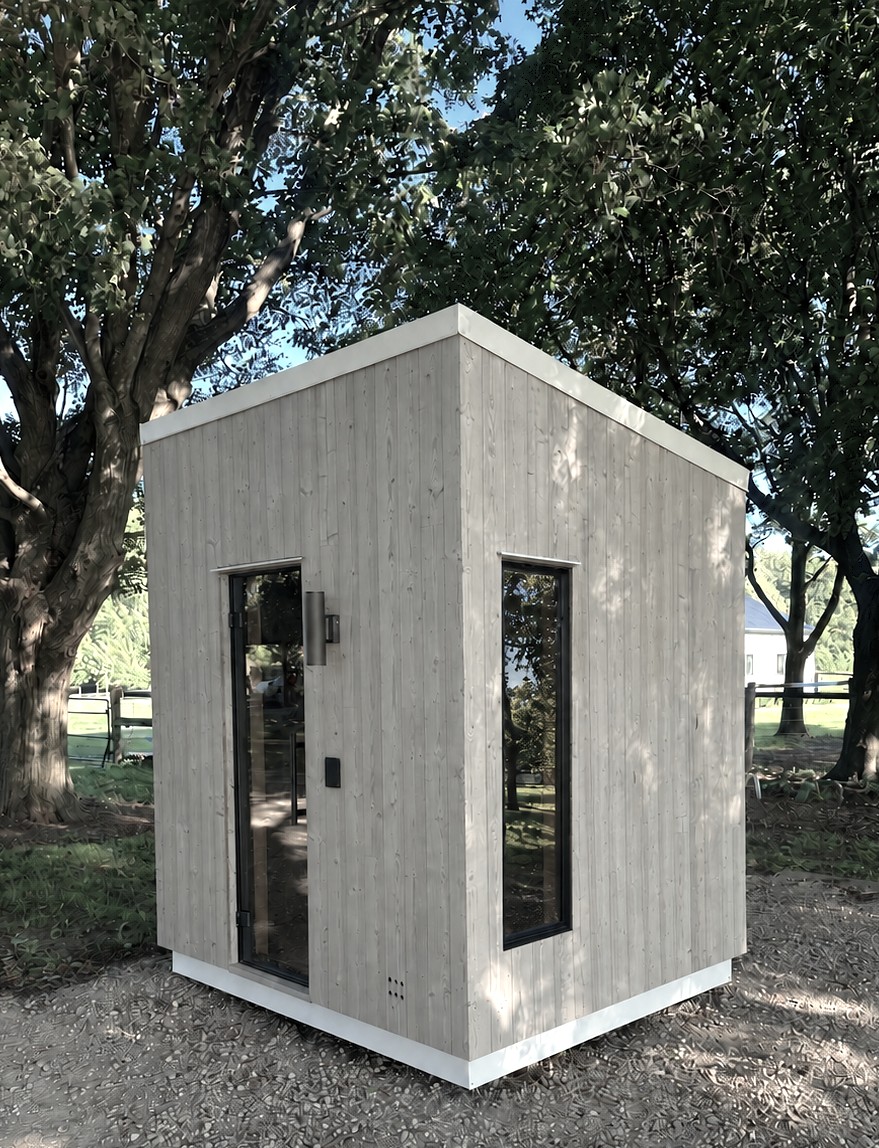 Corner view of the Thorsby showing Lunawood Arctic cladding and metal roof
