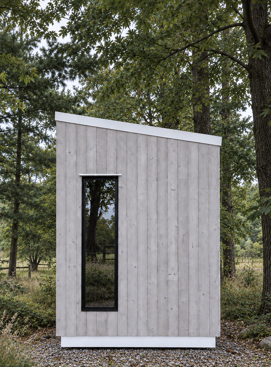 The Thorsby outdoor sauna from the side, set in an open field