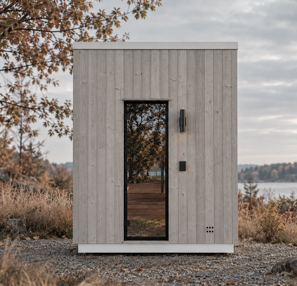 Front view of the Thorsby sauna among autumn grasses by the water