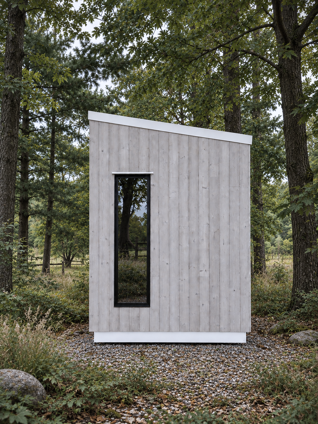 Side view of the Thorsby sauna among mature trees