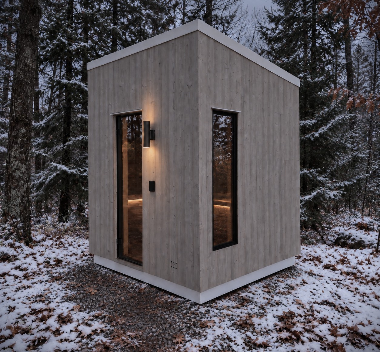 The Thorsby sauna glowing on a snowy winter evening