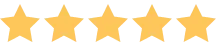 Five gold stars rating, all stars fully filled indicating a perfect score.