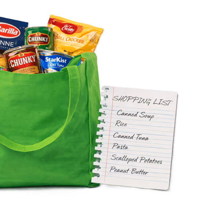 A green bag filled with non-perishable donated food.
