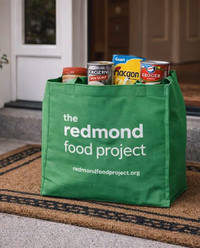 A green The Redmond Food Project bag left at front door.