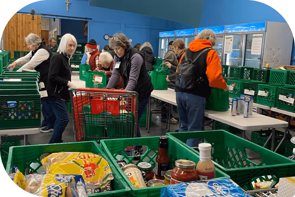 Volunteers sorting food donations on tables and into green bins.