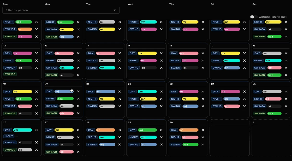 A calendar showing emloyee shift allocation