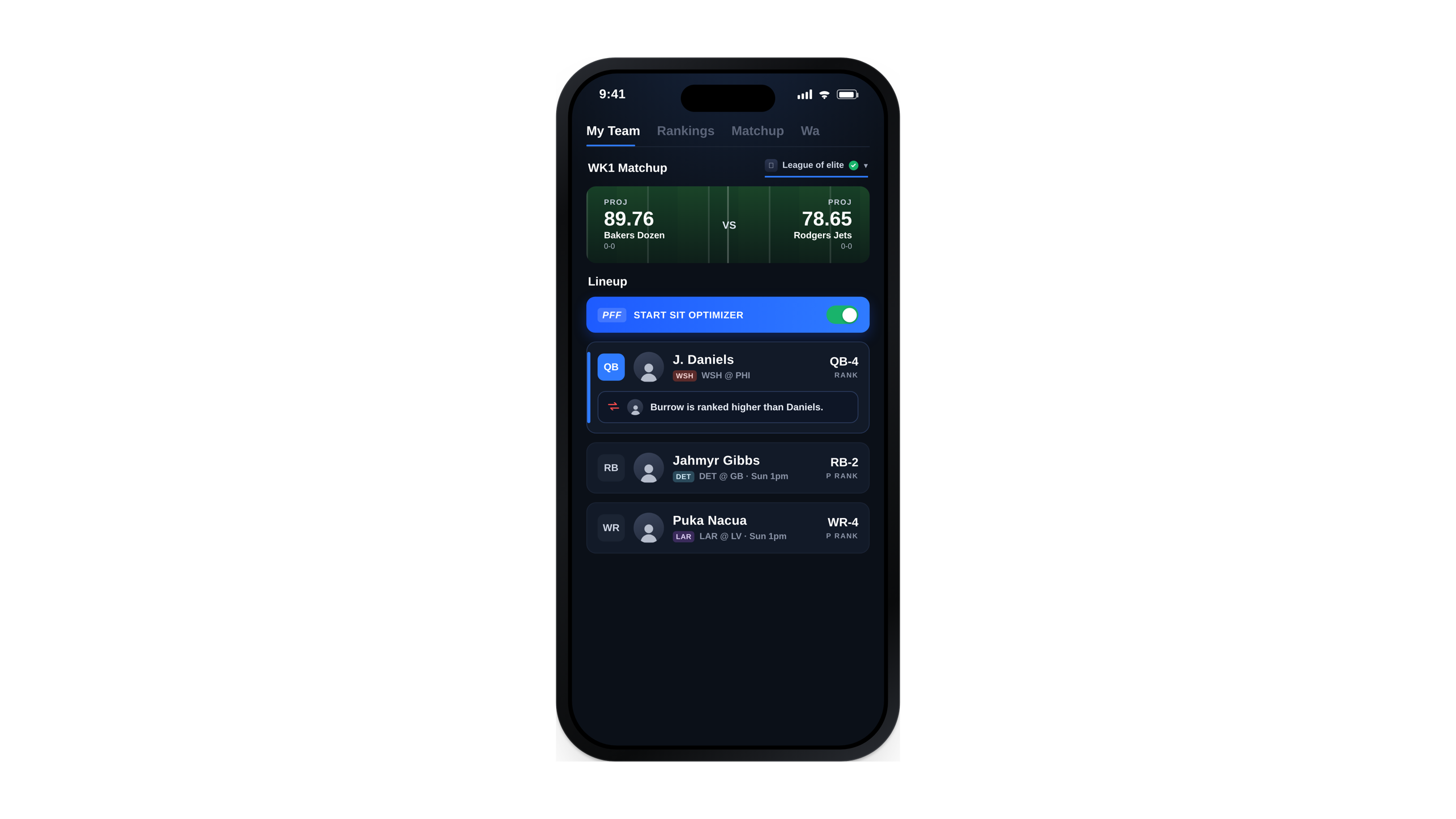 Pro Football Focus fantasy lineup product mockup