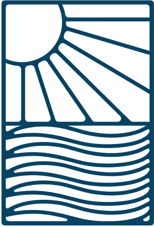 Symbol eines stilisierten Sonnenaufgangs über welligem Wasser mit Sonnenstrahlen.