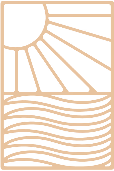 Stilisierte Sonne mit Strahlen über gewellten Linien, die Wasser oder Wellen darstellen.