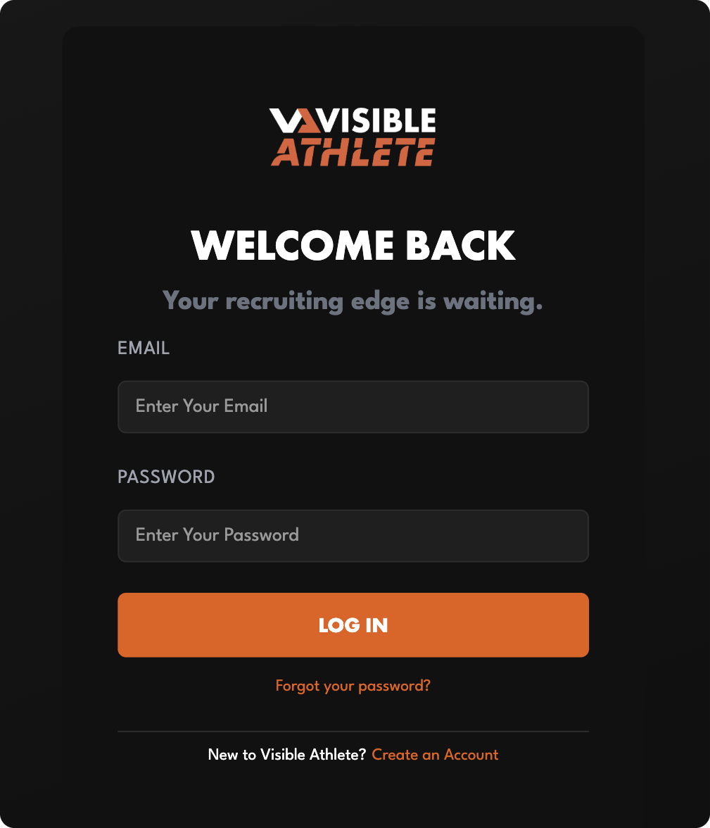 The Visible Athlete log in screen