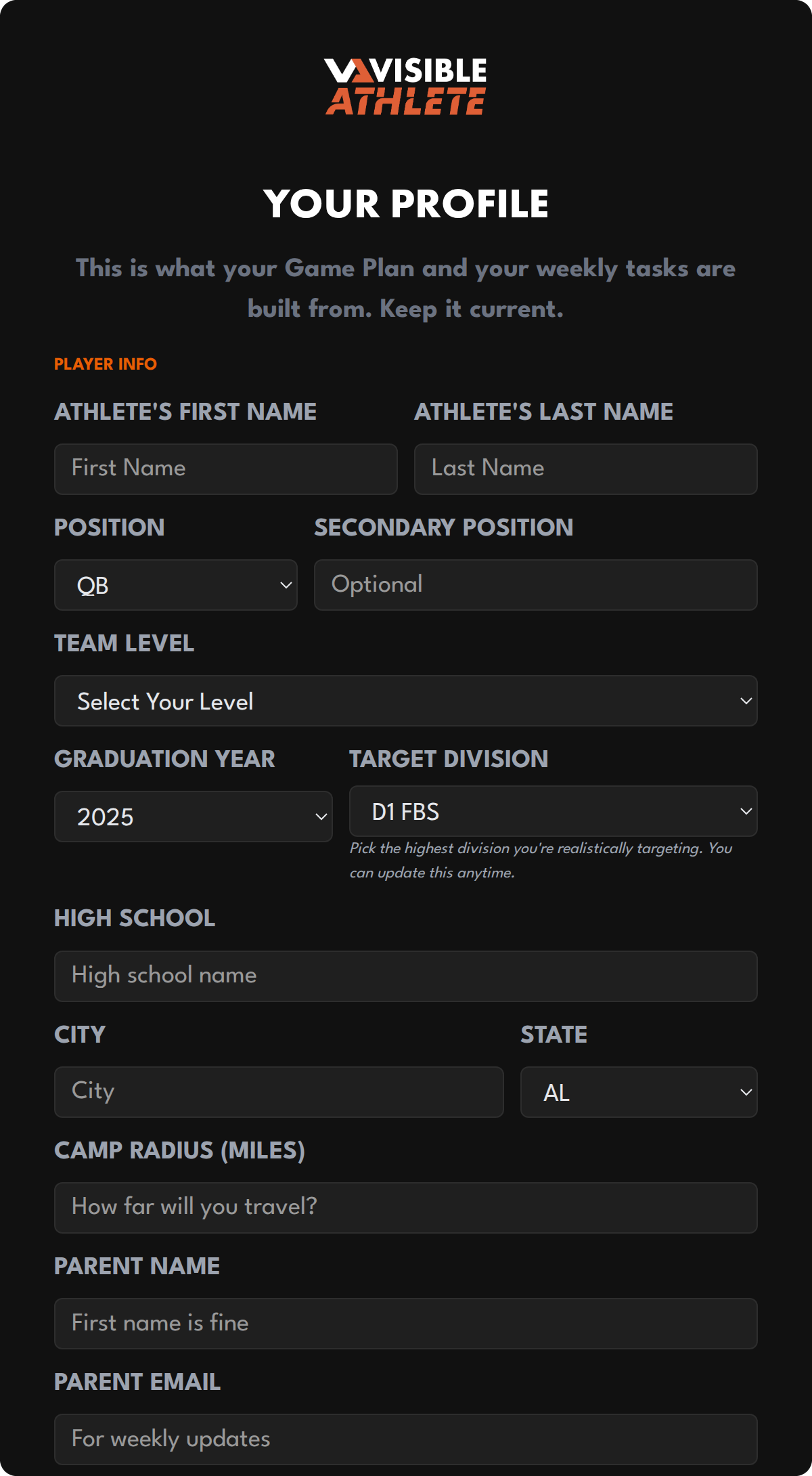 The Your Profile form