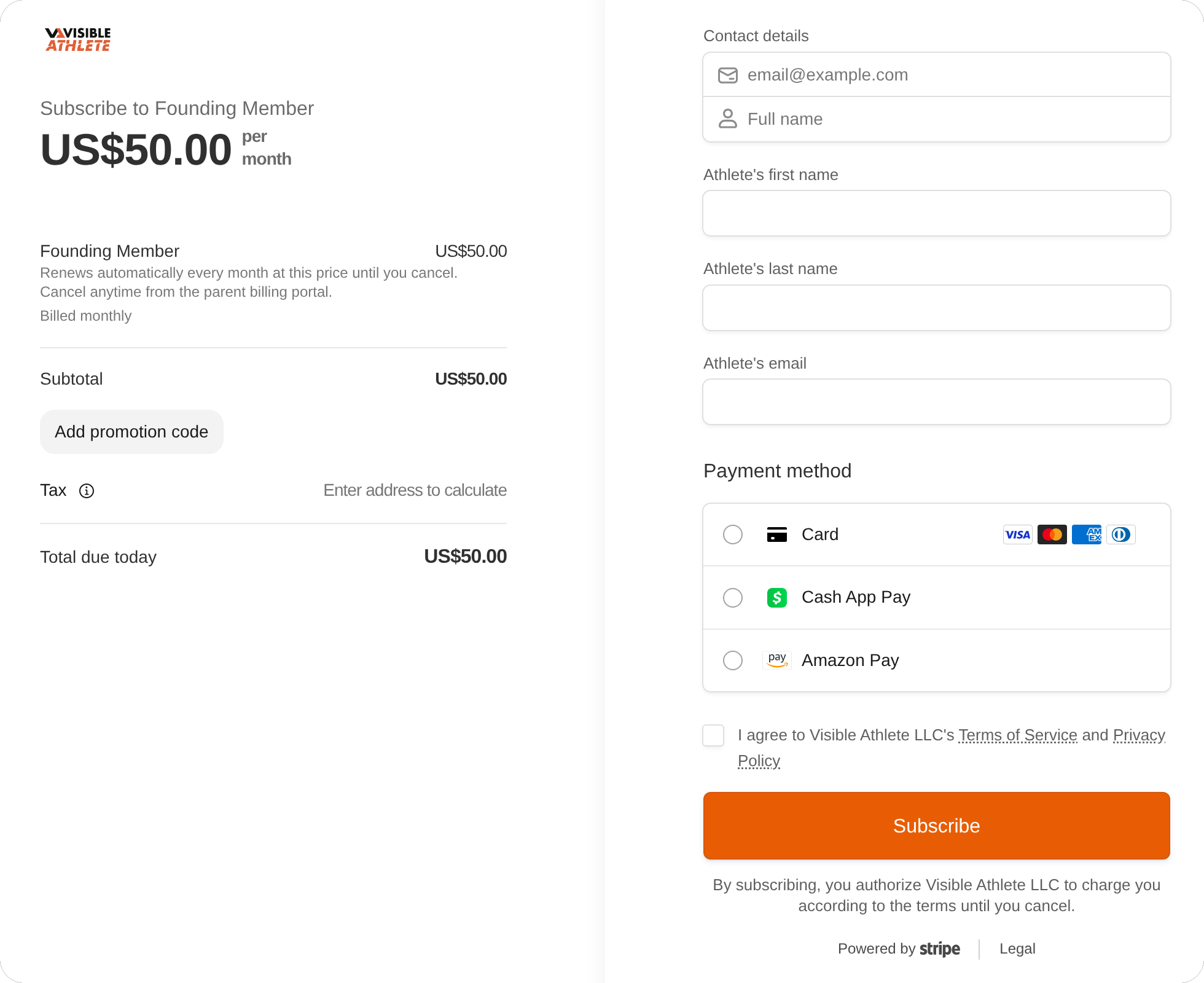 The Stripe checkout page with the parent contact details and the athlete fields