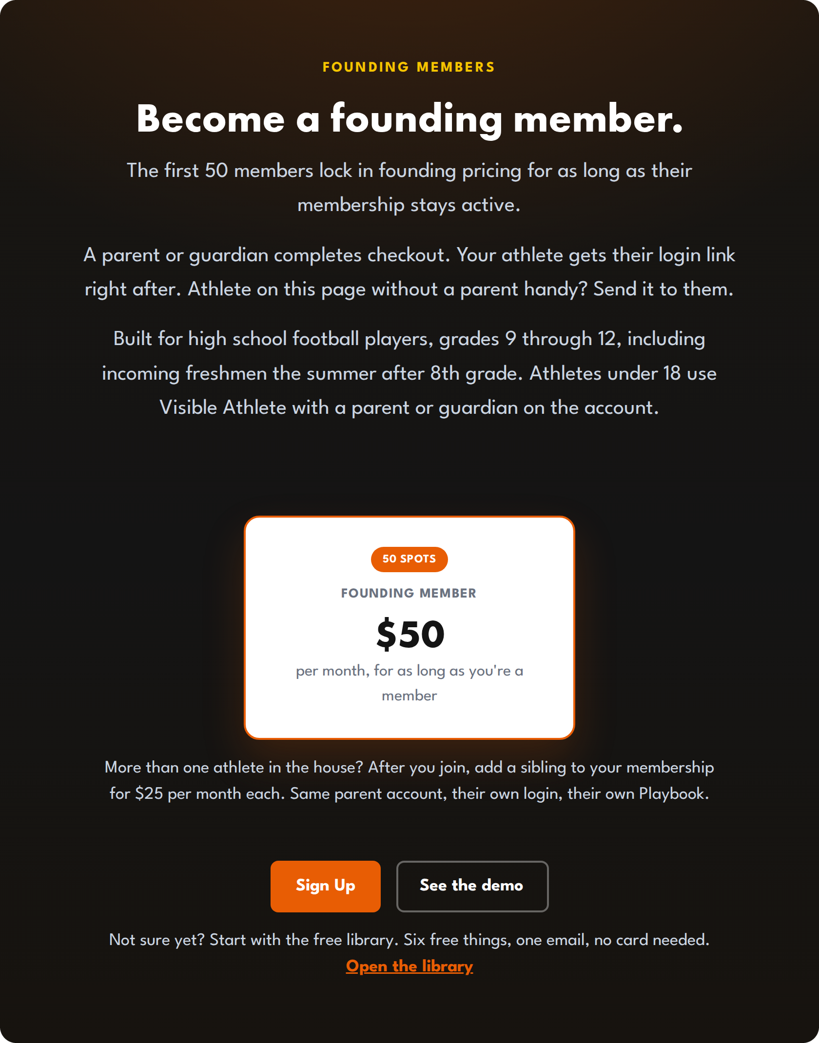 The pricing page with the Founding Member plan and the Sign Up button