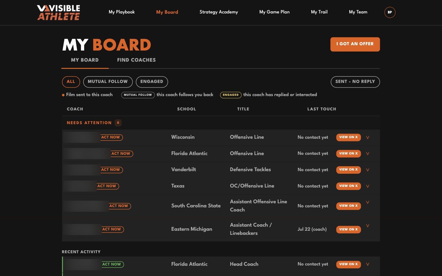 A player's Board in Visible Athlete, coach names blurred