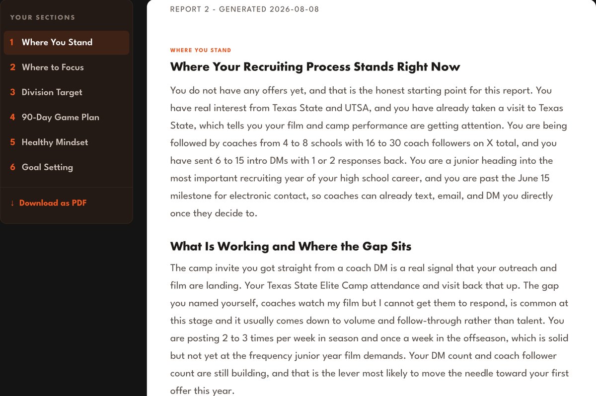 The Game Plan: section list and the Where You Stand report