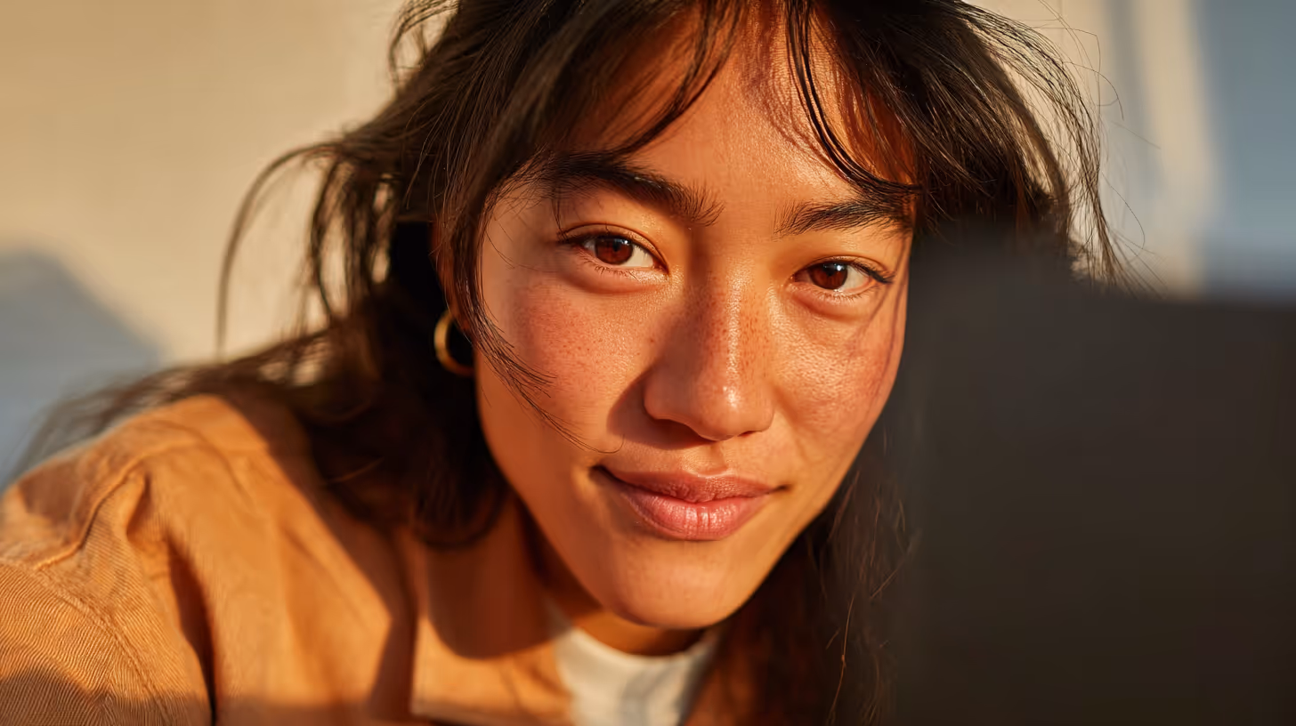 Close-up of a woman with brown eyes and tousled dark hair wearing a tan jacket and gold hoop earring, smiling gently.