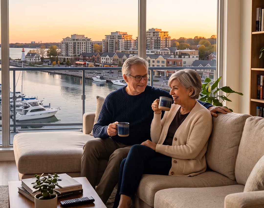 Older couple sitting on a couch drinking coffee with a marina view through large windows at sunset.