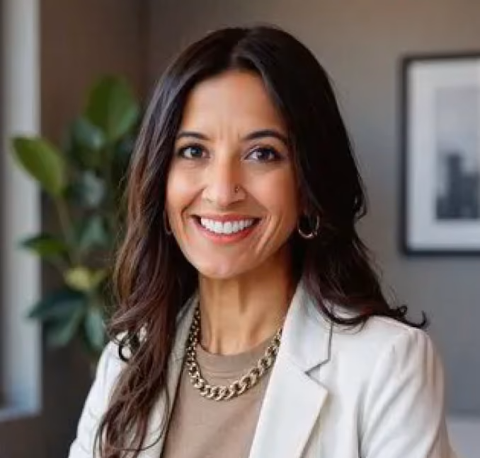 Smiling woman with long dark hair wearing a white blazer, gold chain necklace, and hoop earrings.