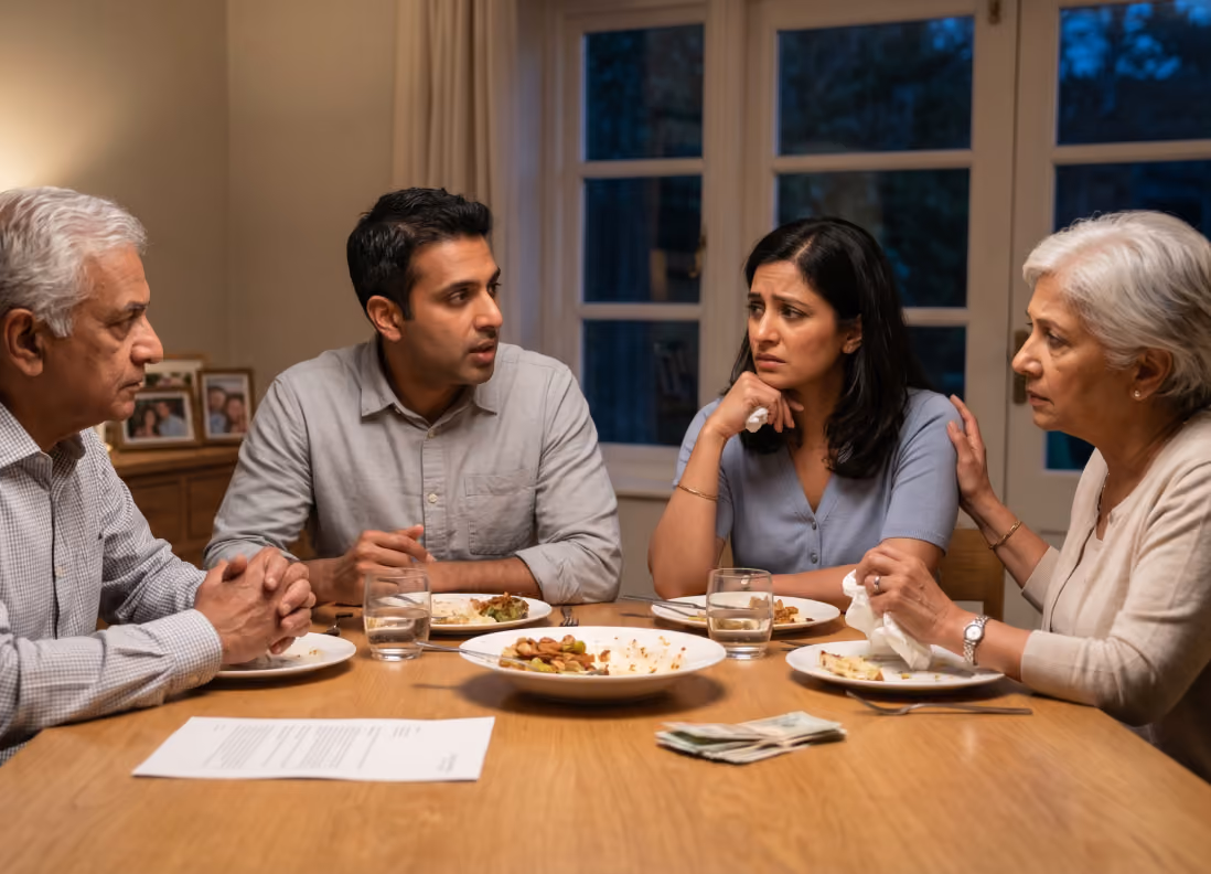 Four family members sit at a table with food, appearing serious and consoling each other.