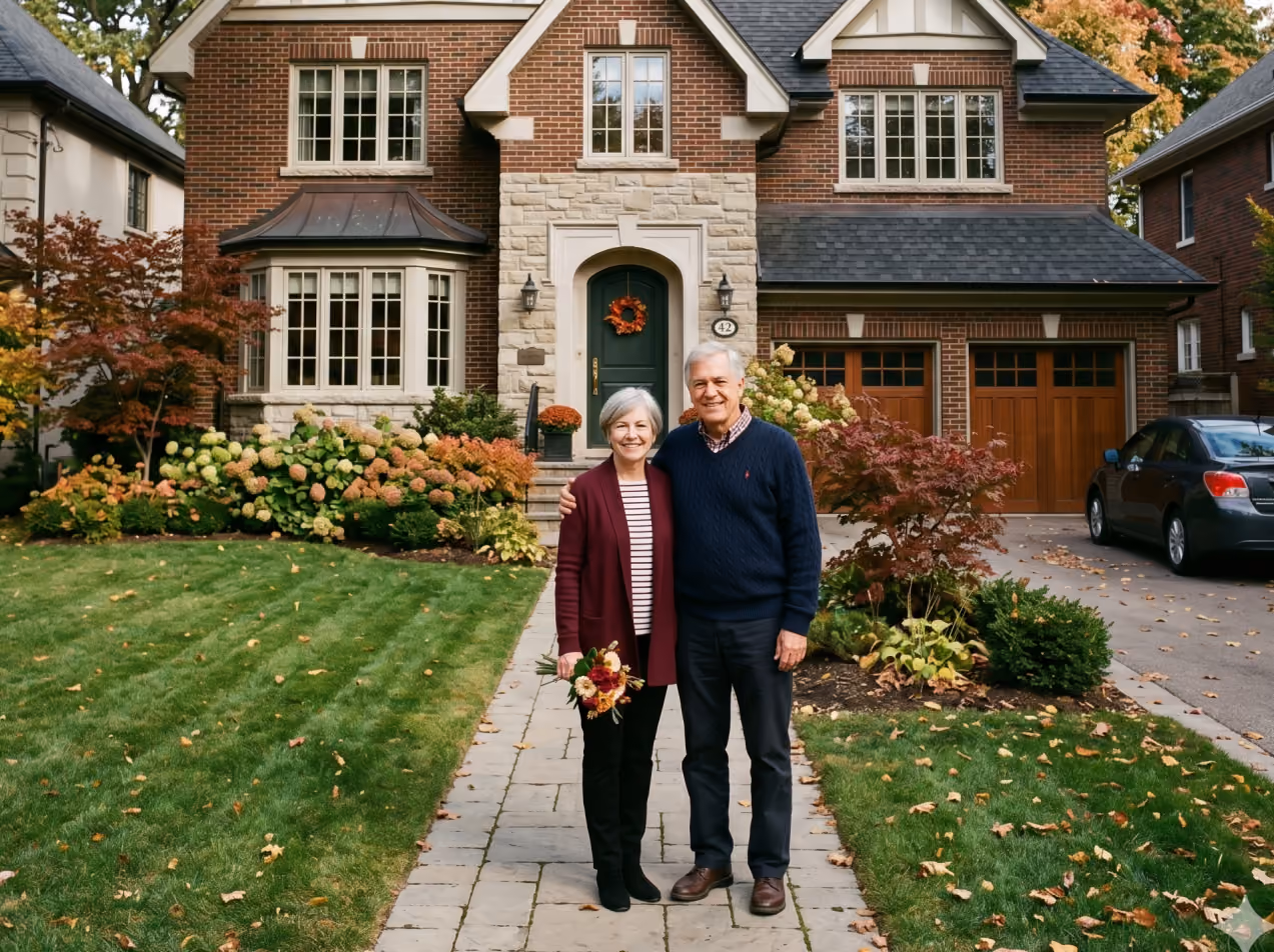 Older couple standing arm in arm on walkway in front of a brick house with fall landscaping.