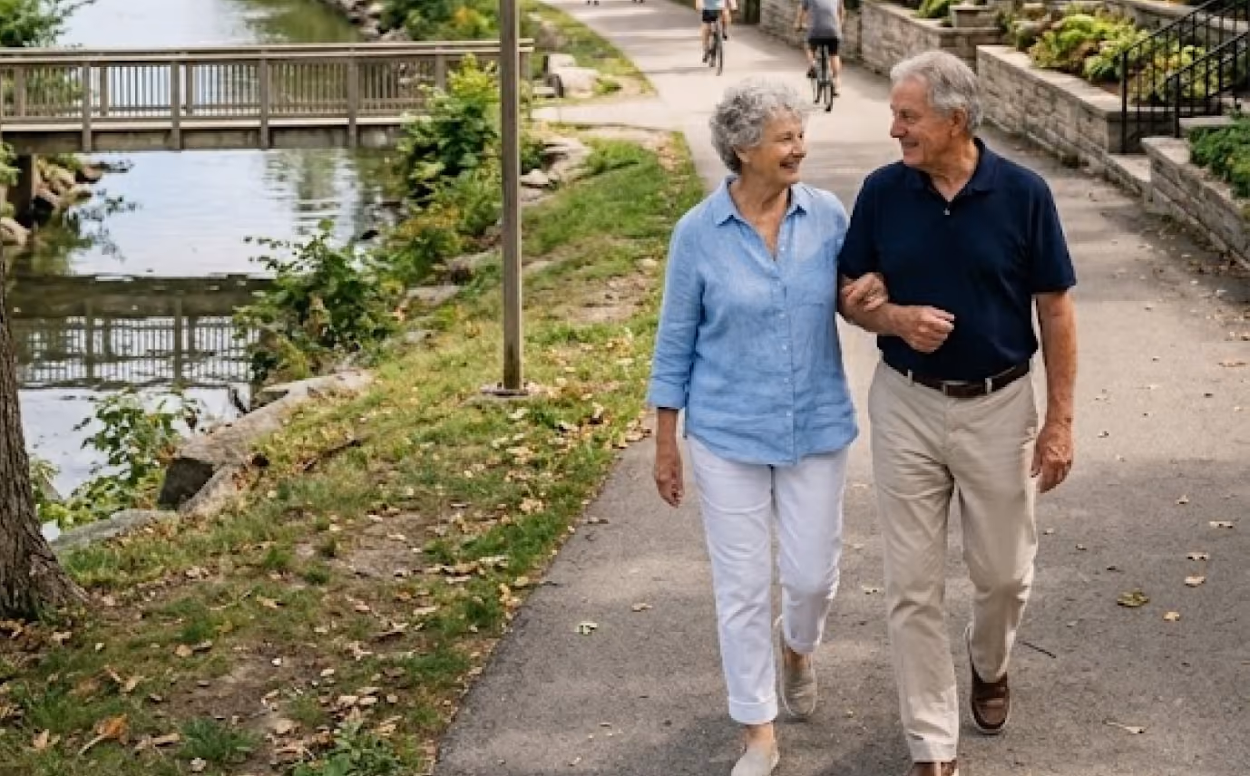 Senior couple arm in arm walking and smiling on a paved path by a river with cyclists in background.