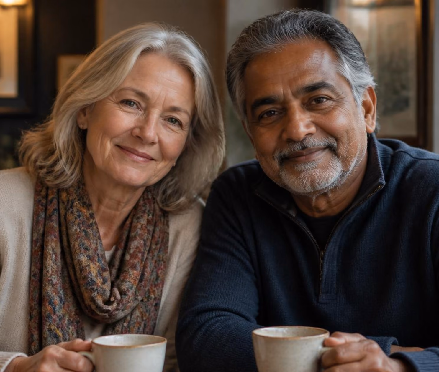 Smiling older couple holding coffee cups sitting closely together indoors.