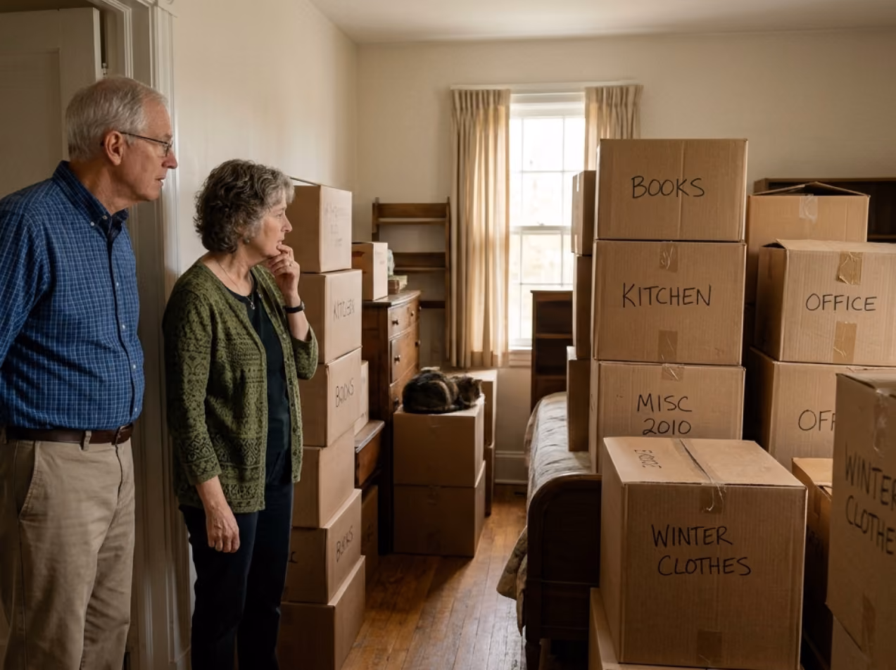 Elderly couple looking at stacked labeled moving boxes in a room with a cat resting on one box.