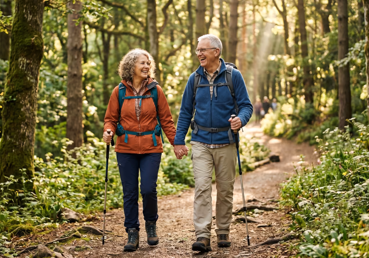 Smiling older couple hiking with backpacks and walking sticks on a forest trail holding hands.