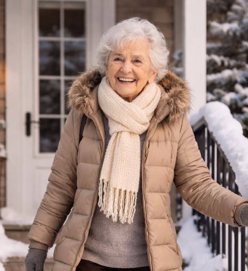 Smiling elderly woman in winter coat and scarf standing outside a snowy house.