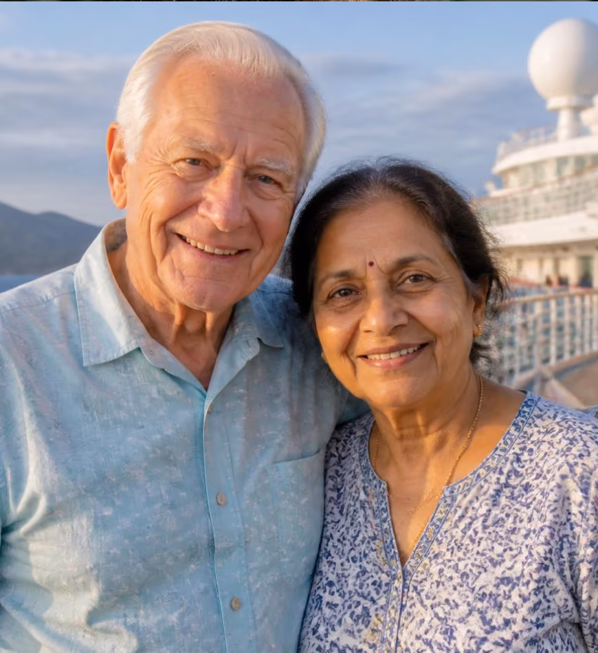 Smiling senior couple posing close together outdoors with a cruise ship and mountains in the background.