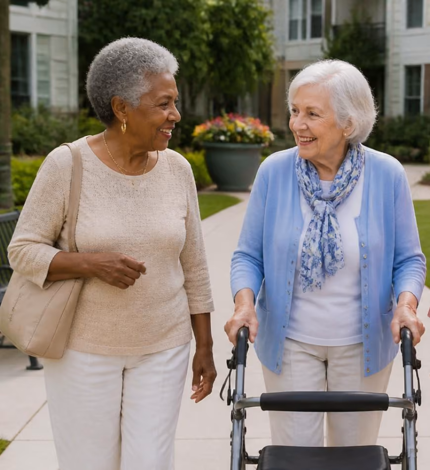 Two elderly women smiling and walking outside, one using a walker, the other carrying a beige bag.