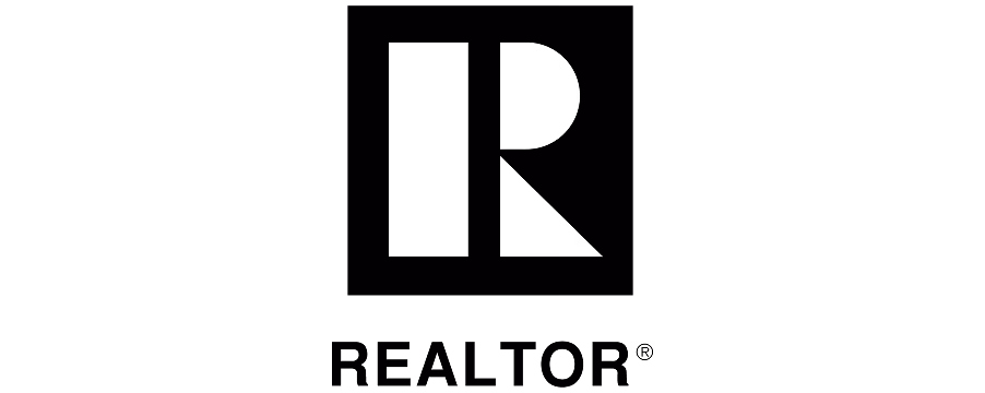 Realtor logo with white 'R' inside a blue house-shaped symbol on black background.