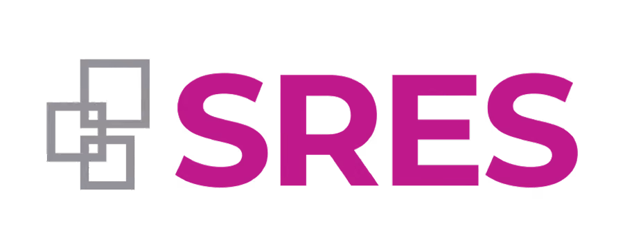 Logo showing gray interconnected squares beside bold purple letters SRES.
