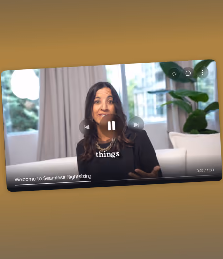 Woman sitting on couch in video player titled Welcome to Seamless Rightsizing.
