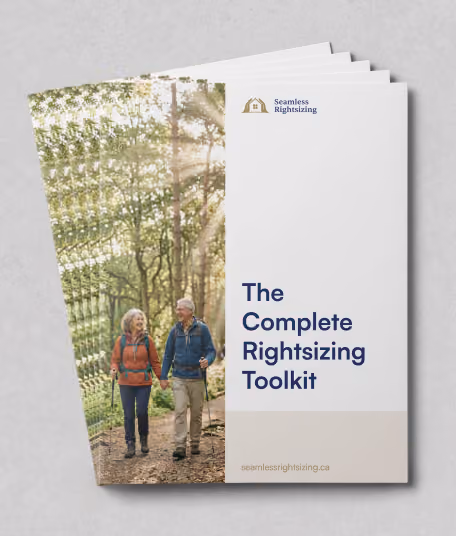 Cover of The Complete Rightsizing Toolkit with an older couple hiking in a forest and holding hands.