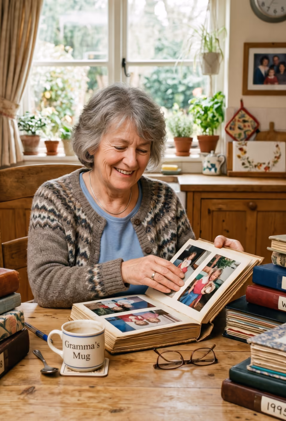 Smiling elderly woman looking at a photo album at a wooden table with a mug reading 'Gramma's Mug'.