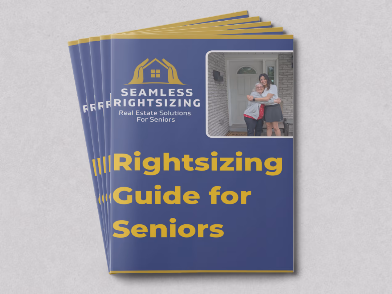 Rightsizing guide booklet for seniors with logo and photo of two women hugging on a front porch.