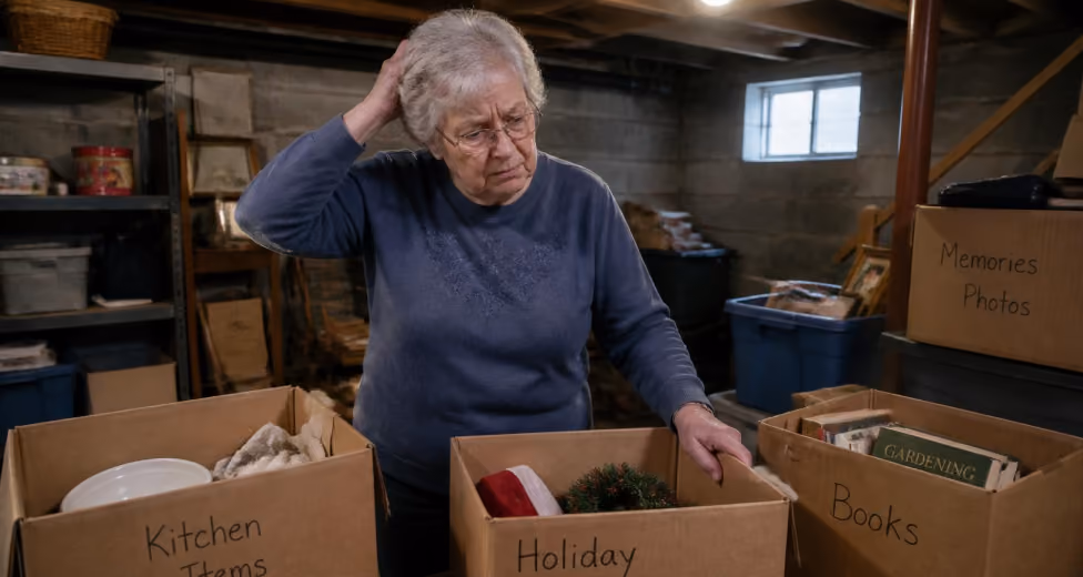 Elderly woman looking confused sorting labeled boxes in a basement or storage area.