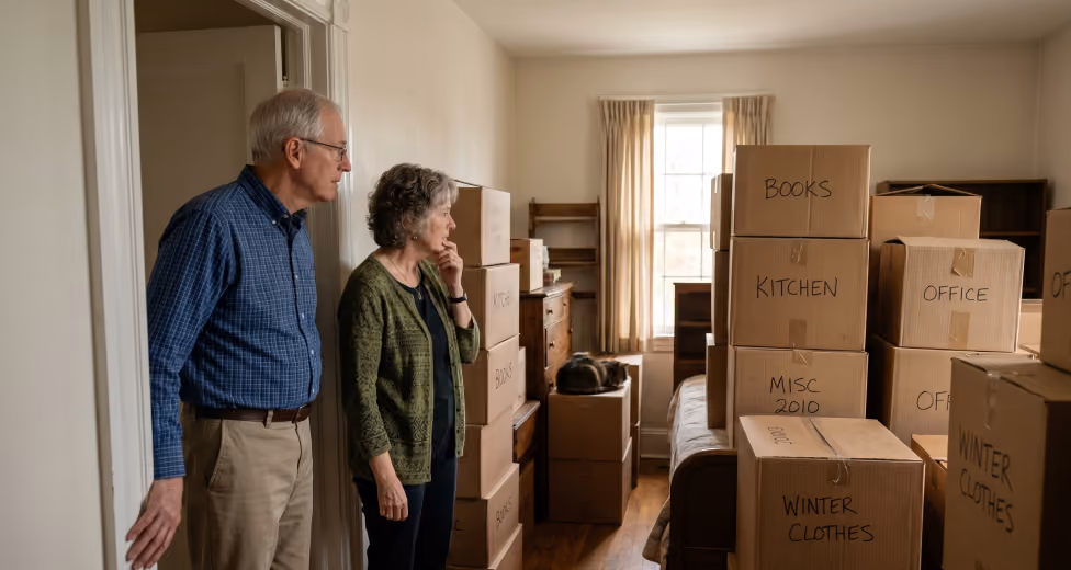 An older couple looks thoughtfully at room filled with labeled moving boxes and a sleeping cat on a box.