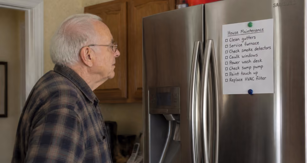 Elderly man in plaid shirt looking at a house maintenance checklist on a refrigerator.
