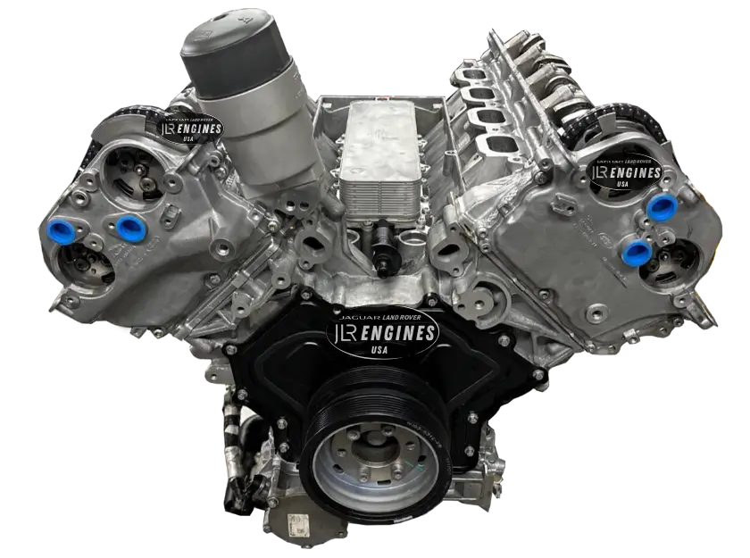 Land Rover engine with metal components with 'JLR Engines USA' logos.