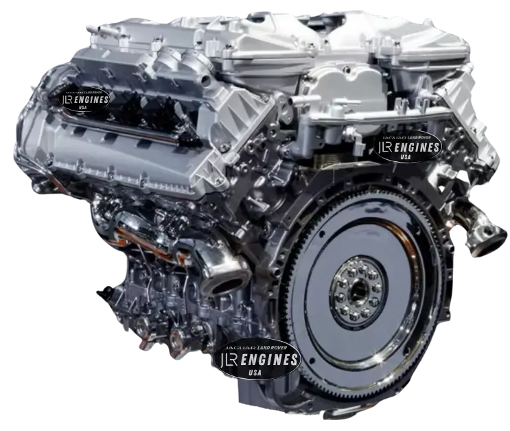 High-performance Jaguar Land Rover supercharged V8 engine with visible components and JLR Engines USA branding.