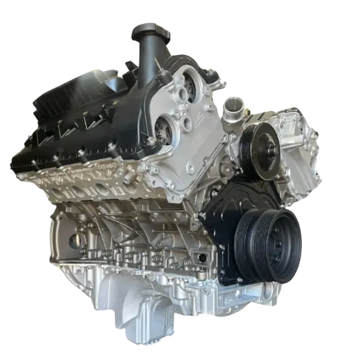 Remanufactured Range Rover engine with visible pulleys and black top cover.