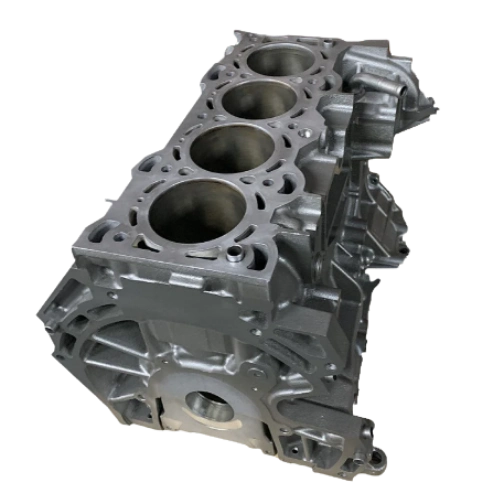 Remanufactured Land Rover V8 engine block showing eight cylindrical combustion chambers and metal exterior.