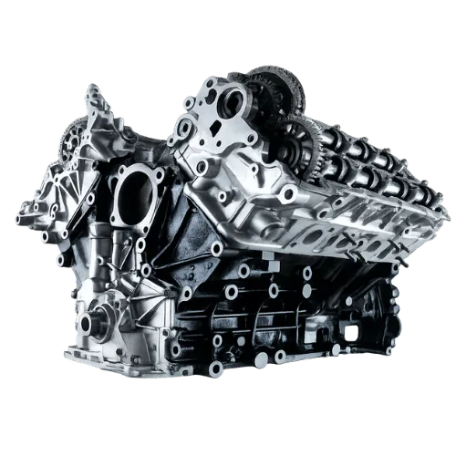 Remanufactured Jaguar engine without external accessories, showing the camshafts and engine block.