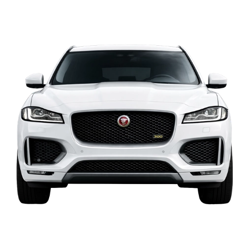Front view of a white Jaguar SUV with a prominent black grille and headlights.