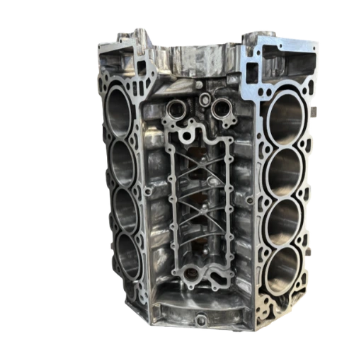 Metal Range Rover V8 engine block with eight cylinder openings displayed vertically in two rows.
